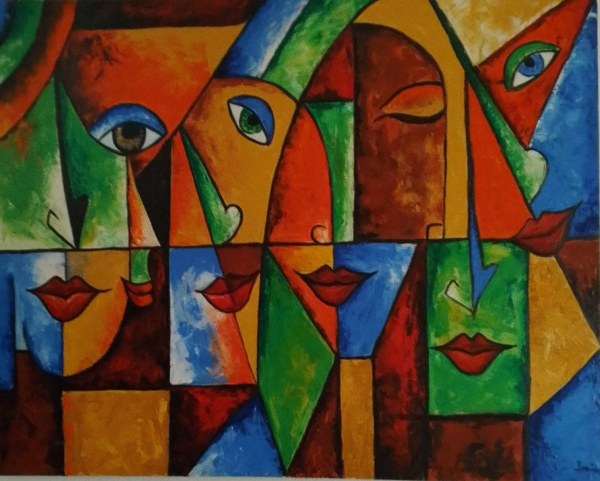 Original African Acrylic Cubist Painting – Quartet of Women’s Expressions