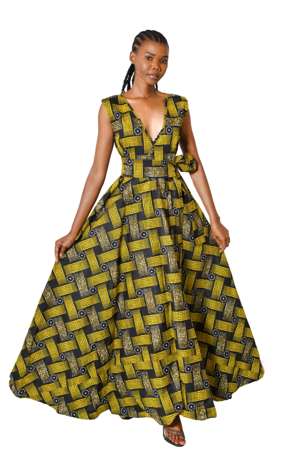 A Line Maxi Gown with Tie Waist in Cotton Kitenge.