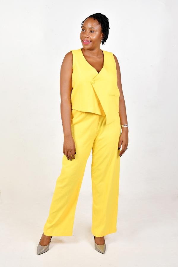 Yellow Waistcoat and Palazzo Trouser Set – Two-Piece Cotton Line Women’s Outfit | Handmade Fashion