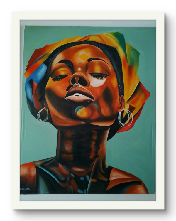 Original Signed African Portrait of a Woman with Colorful Headwrap- I am Proud I am Strong