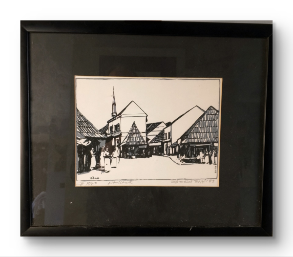 East African Village Street – Grayscale Print by Tollia (Framed)
