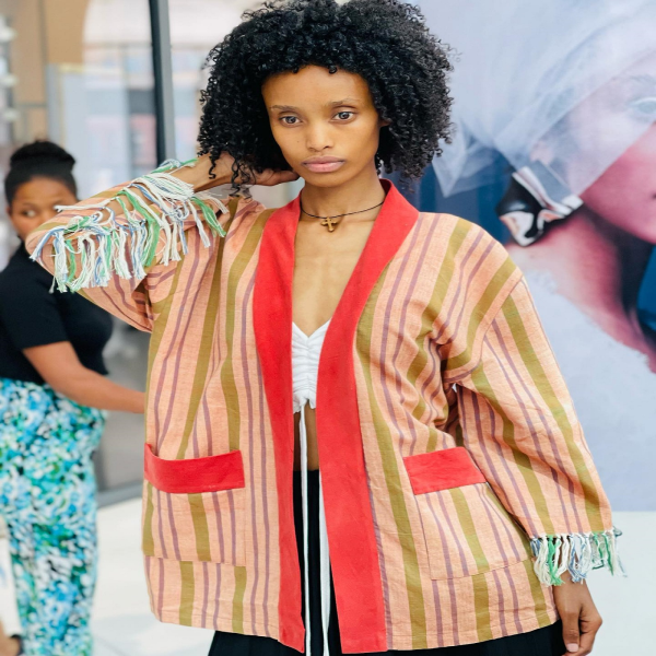 Kimono Jacket with pockets and contrast trim hand woven cotton fabric