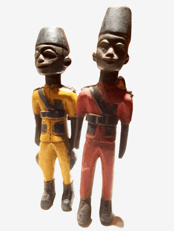Colonial Soldier Figurines (Pair) – Hand-Carved Wooden French Soldiers, 30cm Tall