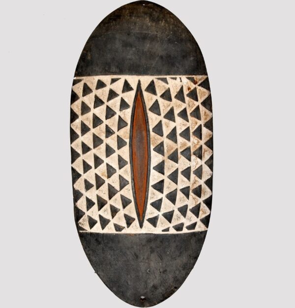 African Tribal Shield – Hand-Carved Wooden Oval Shield with Geometric Motifs